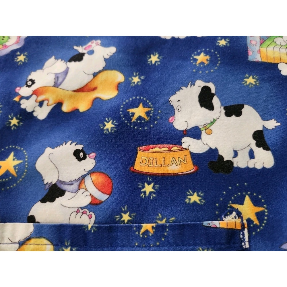 Dogs / Puppies Stars Blue Yellow Purple 100% Cotton 2-pocket Scrub Top V-neck M